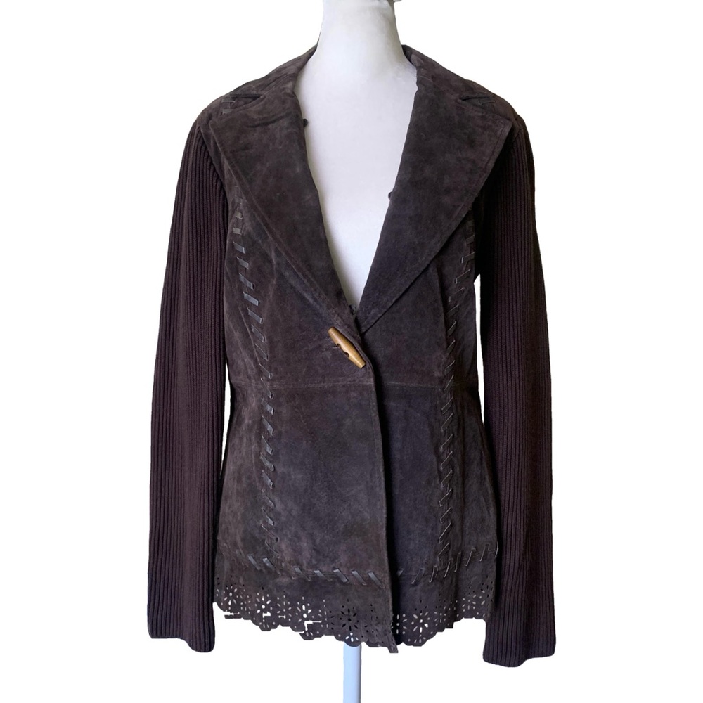 Nygard Collection Brown Button Up Genuine Leather Laser Cut Detail Knit Jacket